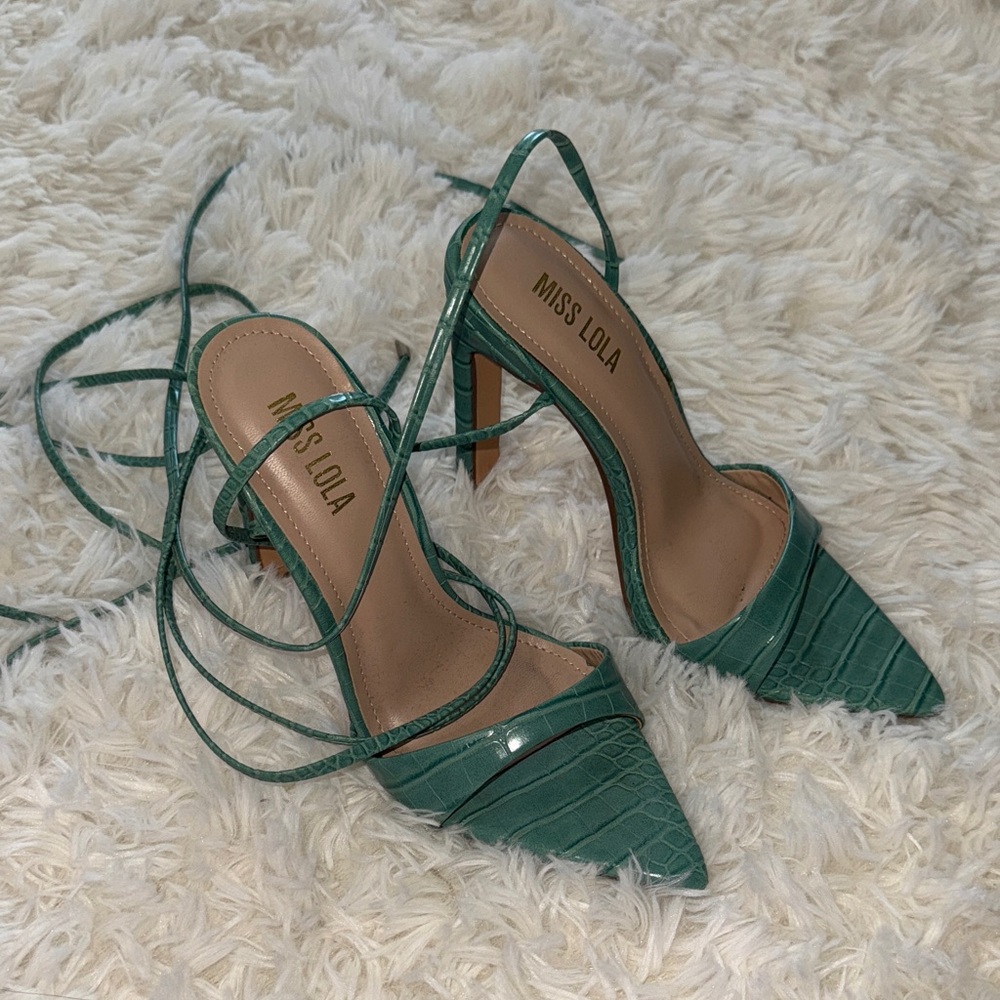 Miss Lola Teal Croc-Embossed Heels